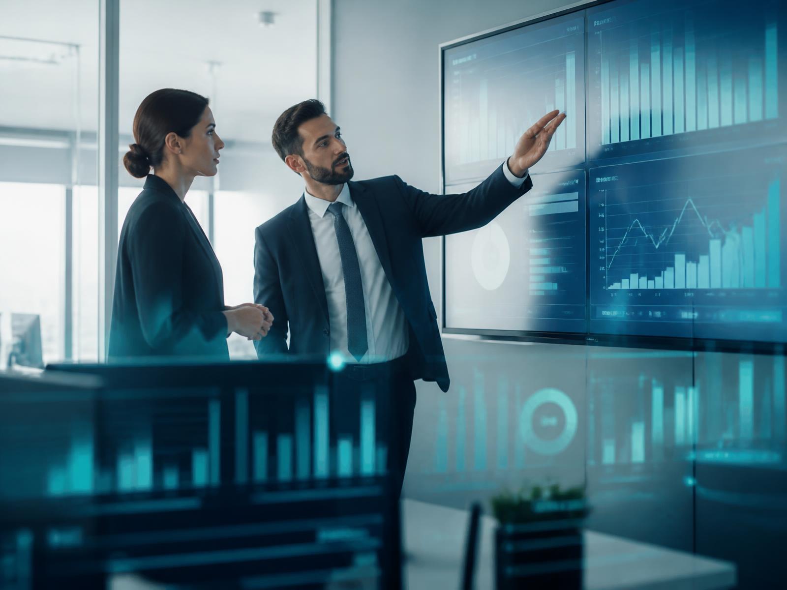 Profissionais analisando indicadores financeiros em painéis de dados